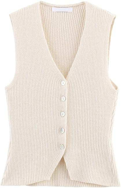 2025 Summer French Lazy Knitted Single Breasted Vest Tank Tops Minimalist Beige Elegant Knit Swea... | Amazon (US)