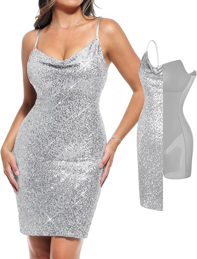 Popilush Sequin Mini Dress for Women - Slimming Shapewear with Cowl Neck Bodycon Sparkly Gown Coc... | Amazon (US)