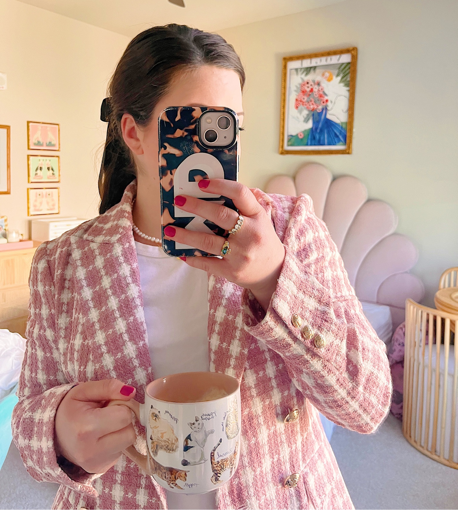 Pink houndstooth blazer, black satin hair bow
