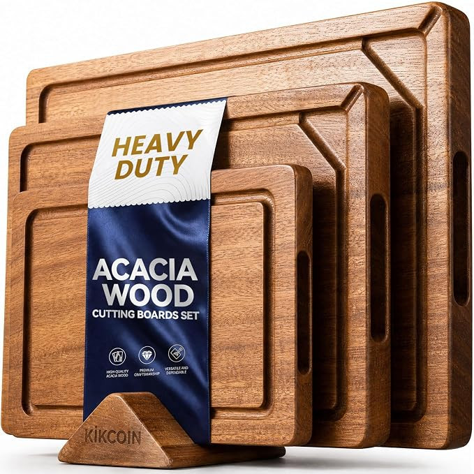 Kikcoin Acacia Wood Cutting Board Set of 3, Wooden Cutting Boards for Kitchen with Deep Juice Gro... | Amazon (US)