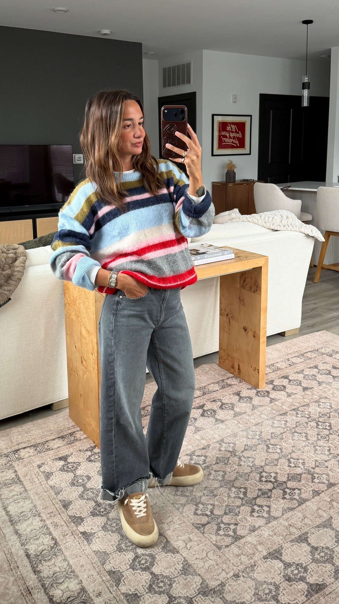 Wearing small sweater and 24 jeans that I cut at home! Shoes are GG sabot but back 70s give the same vibe for less!