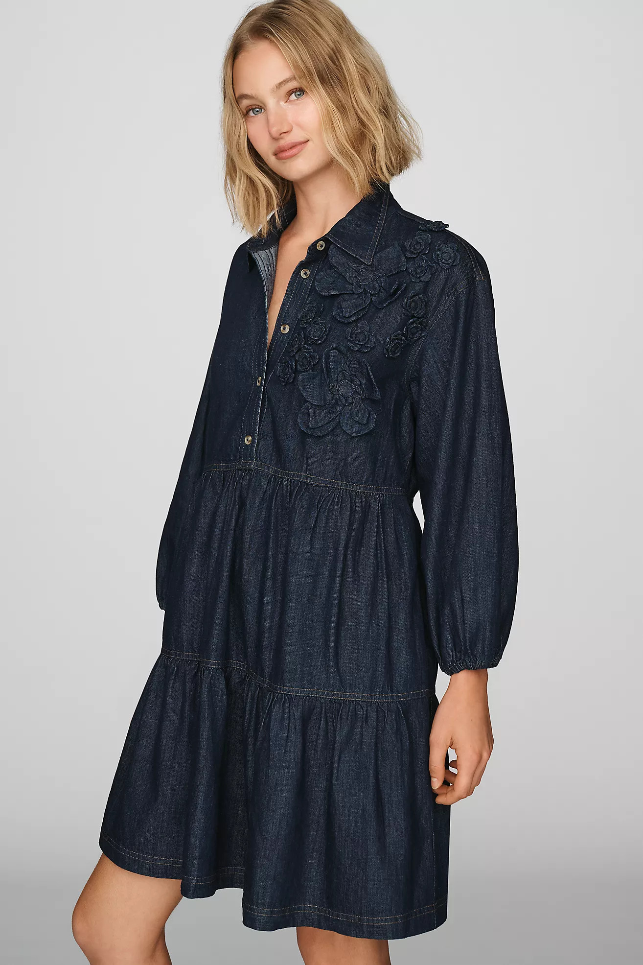 Maeve Bettina 100% Cotton Denim Tiered Mini Shirtdress | Anthropologie (US)