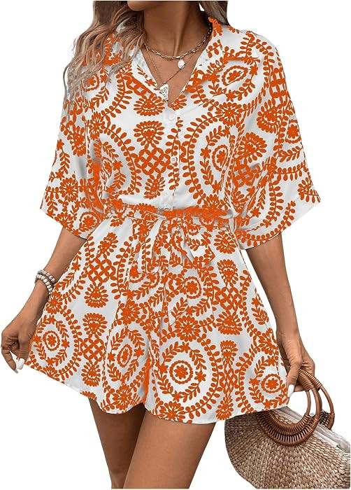 Floerns Women's Allover Print Short Sleeve Button Front Boho Romper Jumpsuit Orange Medium | Amazon (US)