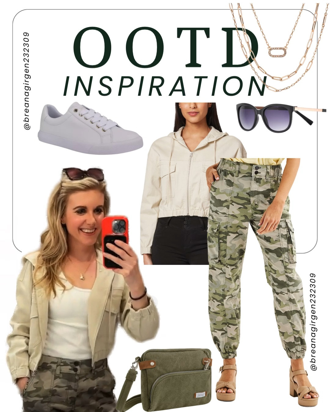 THIS OUTFIT! I love this fun sporty outfit with a camo cargo, a white basic tank, khaki pocketed jacket, and sneakers paired with some gold jewelry, statement sunglasses and an olive green crossbody! Perfect for spring transition 😎

I’m in a S Jacket
XS Cargo Pant
S bodysuit or Tank 
Sneakers 8
Wedges 7.5 

#LTKfindsunder50 #LTKfindsunder100 #LTKstyletip