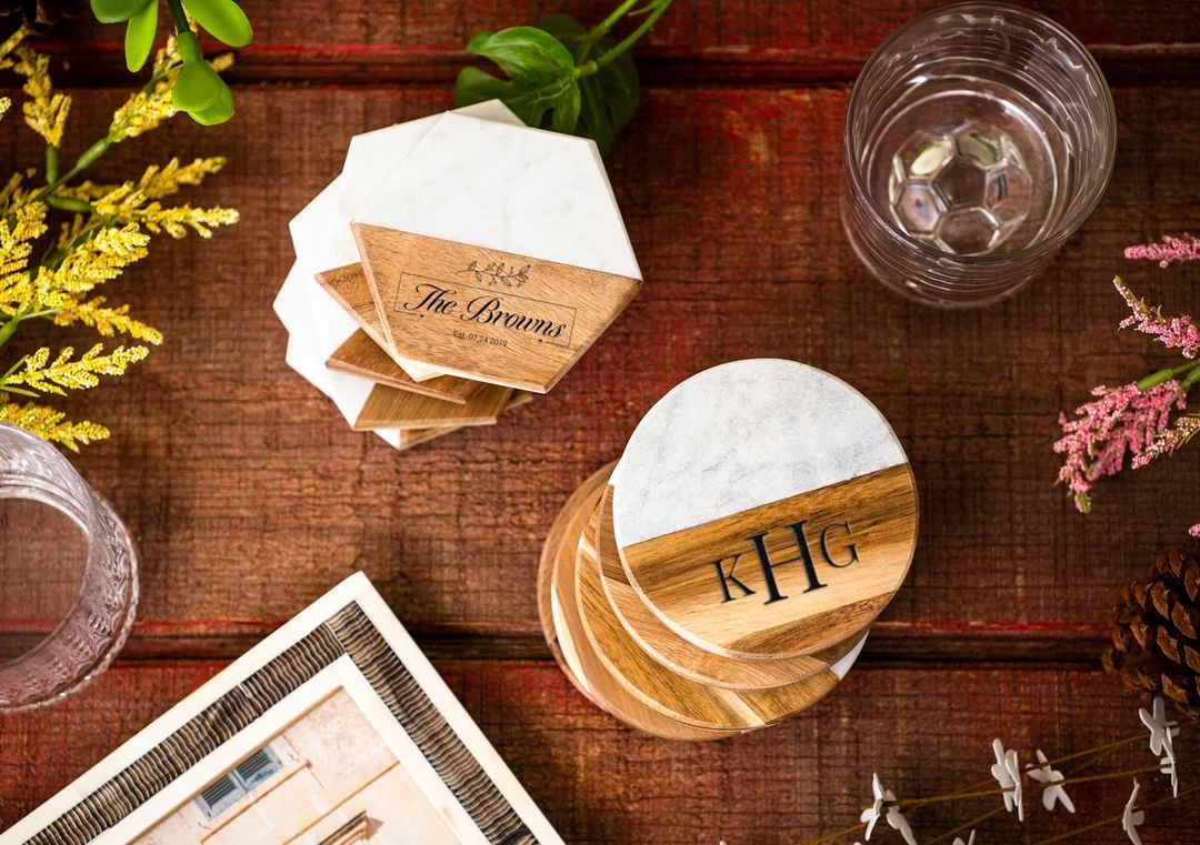 Personalized Marble Wood Coasters Custom Coaster Set Wedding - Etsy | Etsy (US)