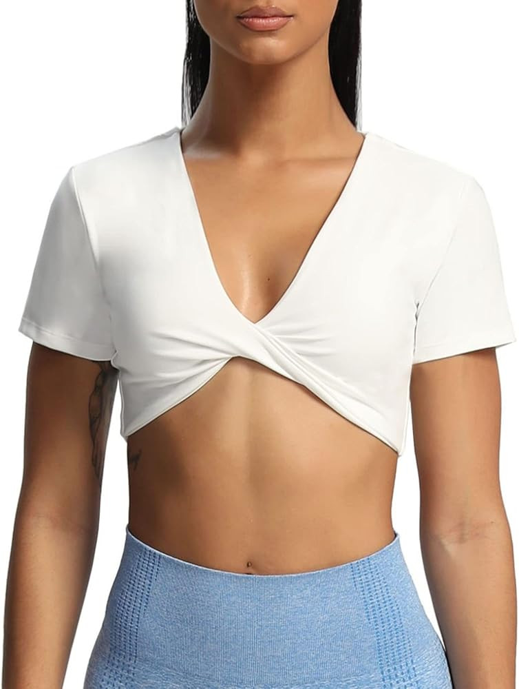 Aoxjox Short Sleeve Crop Tops for Women Sienna Twist Deep V Workout Crop T Shirt Top | Amazon (US)