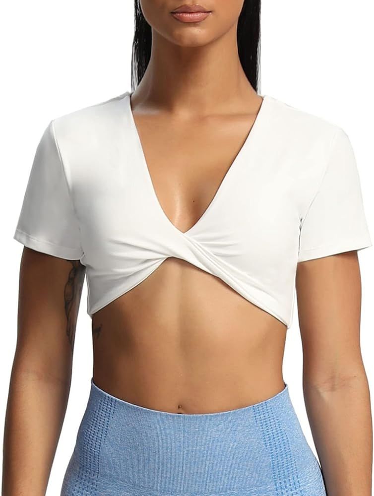 Aoxjox Short Sleeve Crop Tops for Women Sienna Twist Deep V Workout Crop T Shirt Top | Amazon (US)