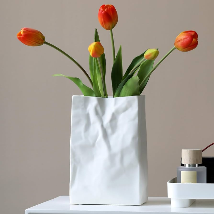 Pumtus Crinkle Paper Bag Ceramic Vase, 7.5 Inch Unique Flower Vase, White Matte Square Wide Mouth Pleated Planter, Minimalist Boho Pot for Flower Arrangement Table Centerpiece Home Office Decor | Amazon (US)