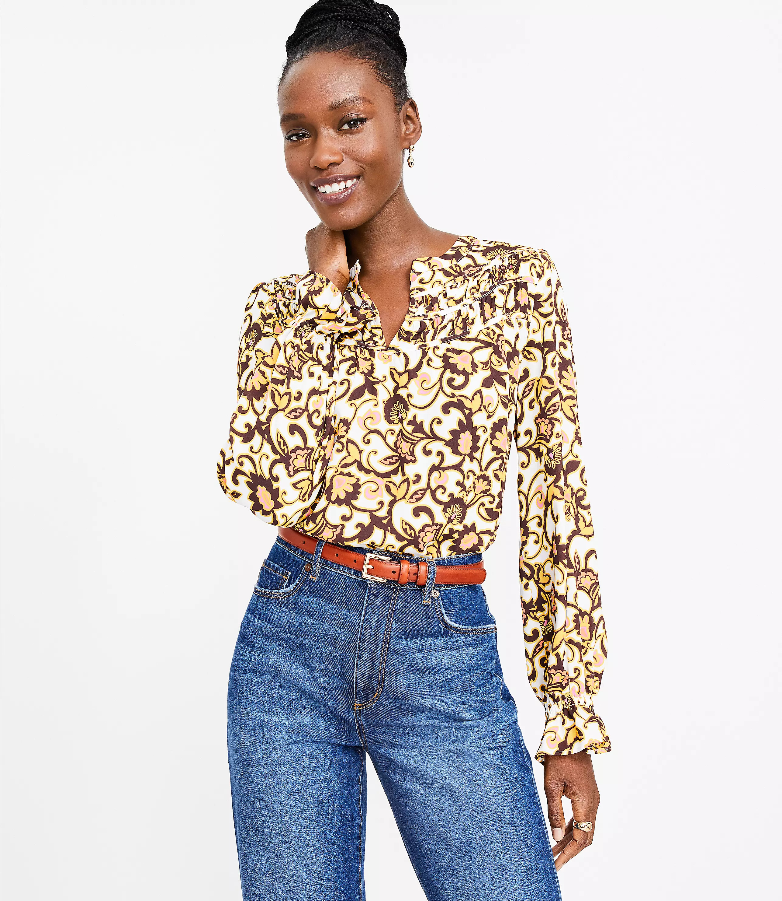 Scroll Ruched Yoke Ruffle Cuff Blouse | LOFT
