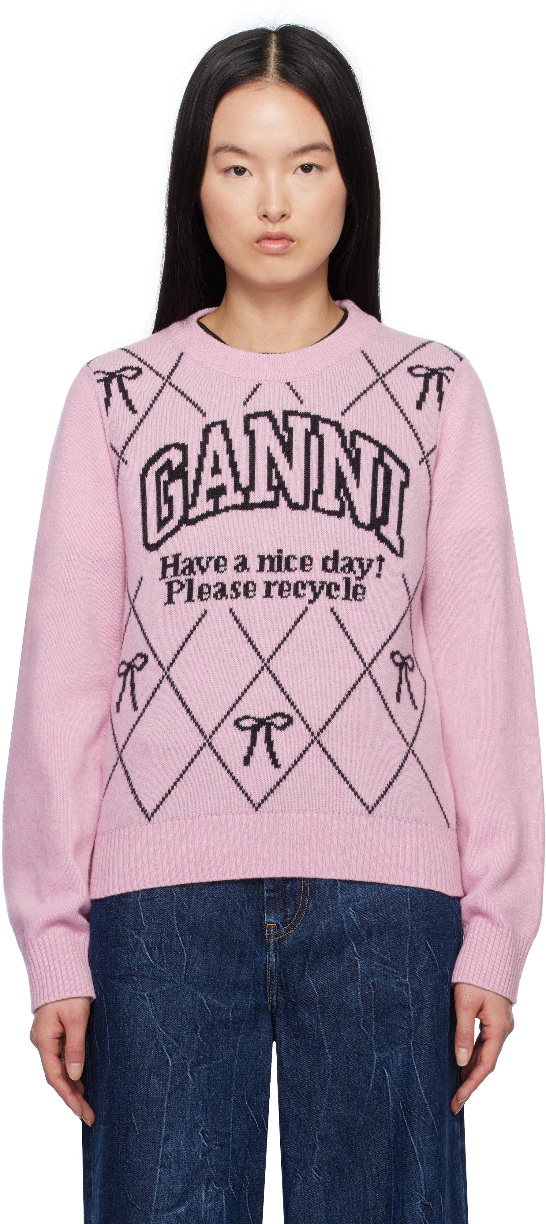 GANNI Pink Graphic Bow Sweater | SSENSE