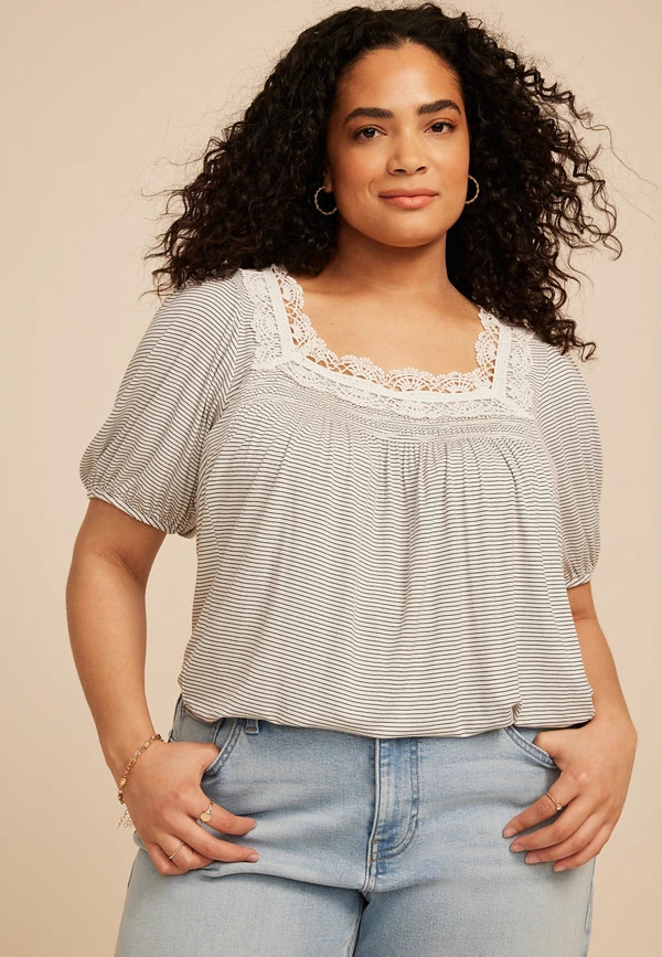 Plus Size Lace Trim Square Neck Short Sleeve Top | Maurices