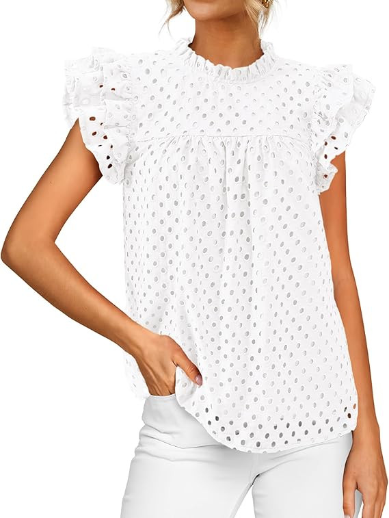 BTFBM Casual Summer Tops for Women 2026 Short Ruffle Sleeves Shirts Crew Neck Hollow Out Lace Emb... | Amazon (US)