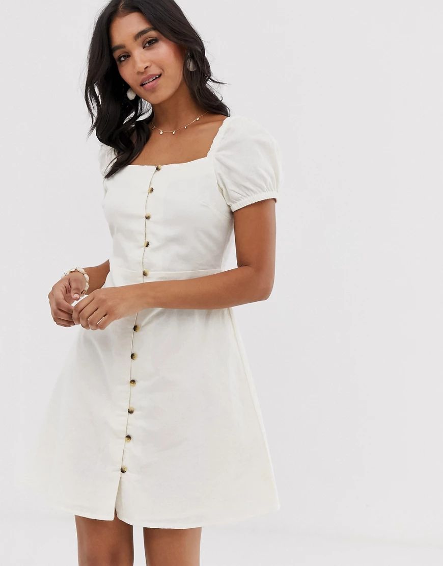 Warehouse linen dress with puff sleeves in cream-Orange | ASOS (Global)