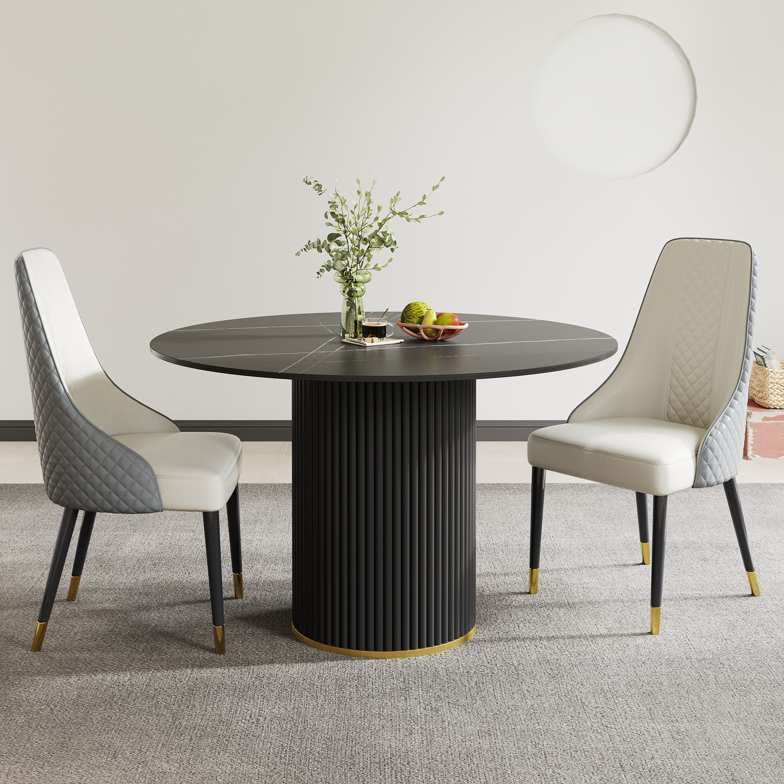 47.2"" Round Dining Table Faux Marble Top Pedestal Base for 6 Person Japandi Black | Homary