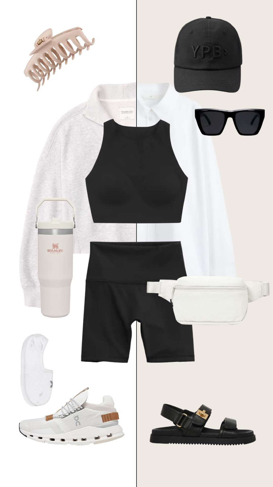 From workout to errands or brunch. Sports bra, bike shorts, half zip, white button down, belt bag, sneakers, sandals. Athletic wear. Outfit inspiration. Summer style. Transitional outfits  

#summerstyle #outfitinspiration #transitionaloutfits

#LTKFind #LTKfit #LTKstyletip