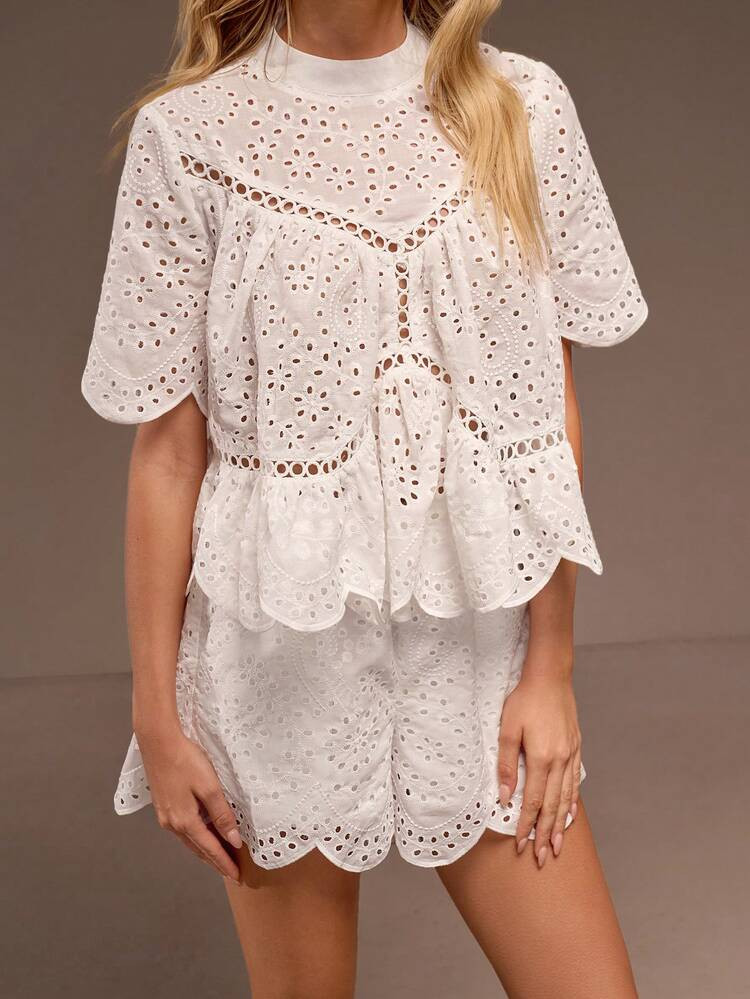 Muvela 2026 Spring/Summer New All-White Hollow Embroidered Lace Splice Ruched Ruffle Hem Shirt, Elastic Waist Wave Hem Shorts Fashion 2-Piece Set, Retro Collegiate Boho Vacation Chic Luxury Party Elegant Carnival | SHEIN