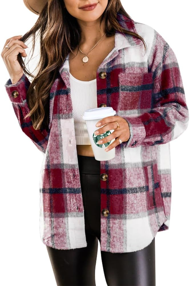 Beaully Women's 2024 Fall Clothes Plaid Shacket Jacket Long Sleeve Button Down Flannel Shirts Fas... | Amazon (US)