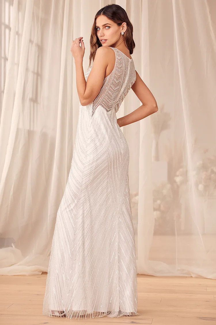 Only the Beginning White and Silver Beaded Sequin Maxi Dress | Lulus (US)