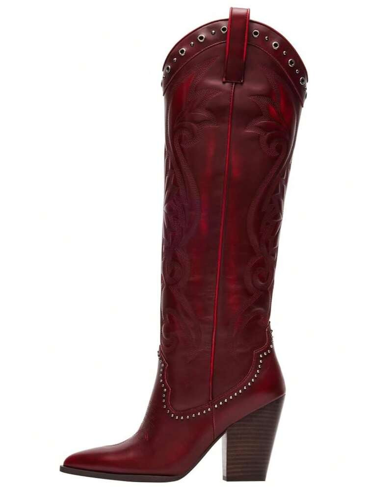 Knee High Cowboy Boots For Women Pointed Toe Chunky High Heels Pull-On Embroidered Boots Western ... | SHEIN