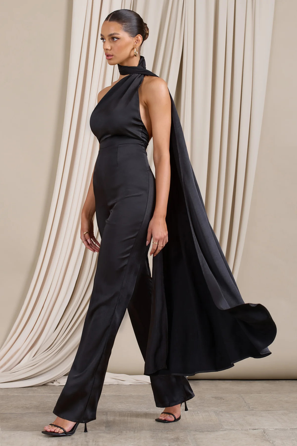 Cascada | Black Satin Wide Leg Jumpsuit With Statement Scarf Neck | Club L London