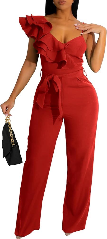 kaimimei Womens Casual Jumpsuits V-Neck Sleeveless Ruffle Backless Belted Wide Leg Pant Sexy Romp... | Amazon (US)
