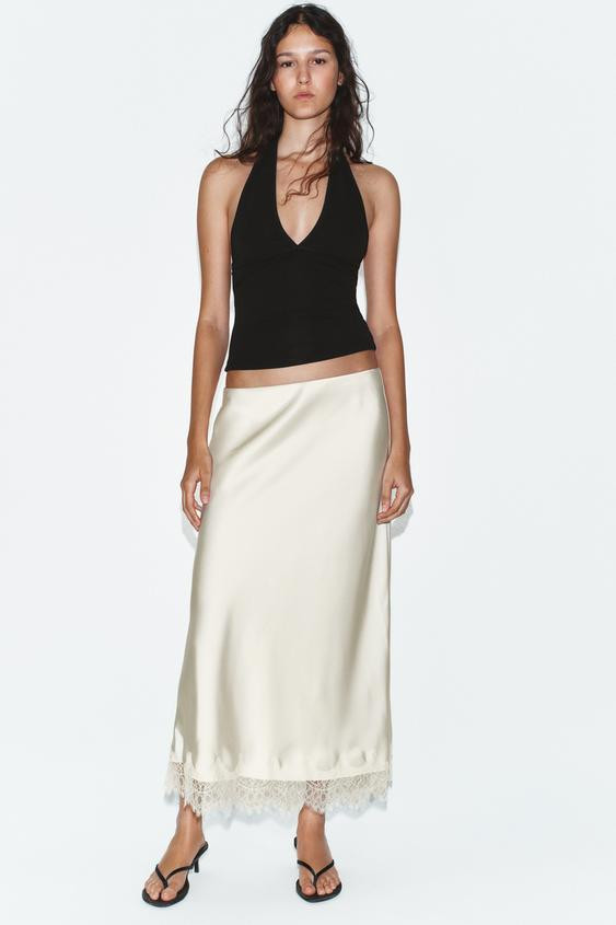 SATIN EFFECT LACE MIDI SKIRT | Zara US