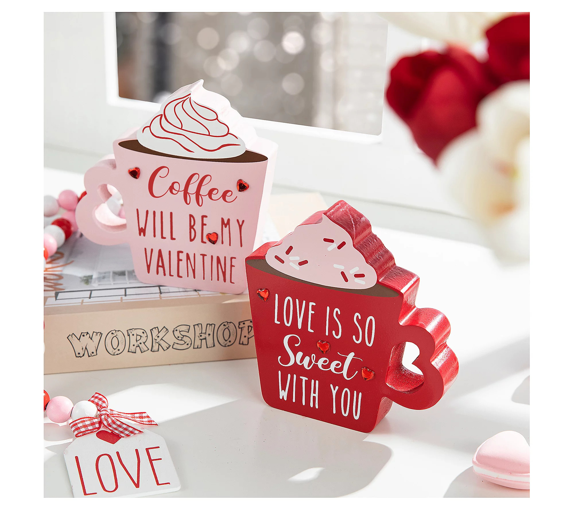 Glitzhome S/2 Wooden Valentine's Coffee Cup Tab le Decor | QVC