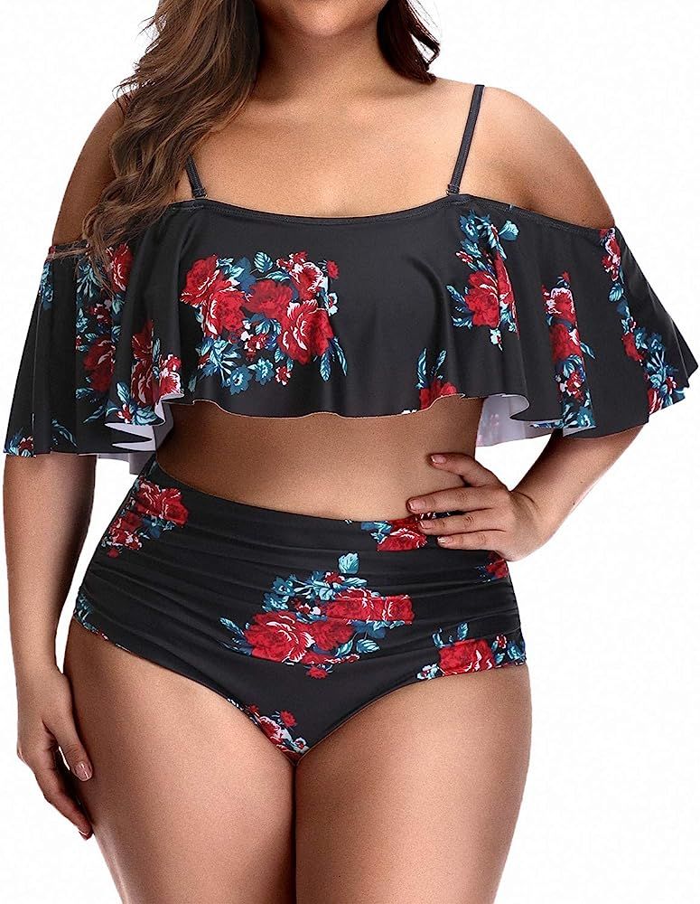 Daci Women Plus Size Flounce Bikini High Waisted Ruffled Two Piece Swimsuits Tummy Control Bathin... | Amazon (US)