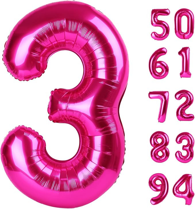 Hot Pink 3 Balloon, Number Balloons 40 Inch, 3rd Birthday Decorations Women Party Supplies for Pa... | Amazon (US)