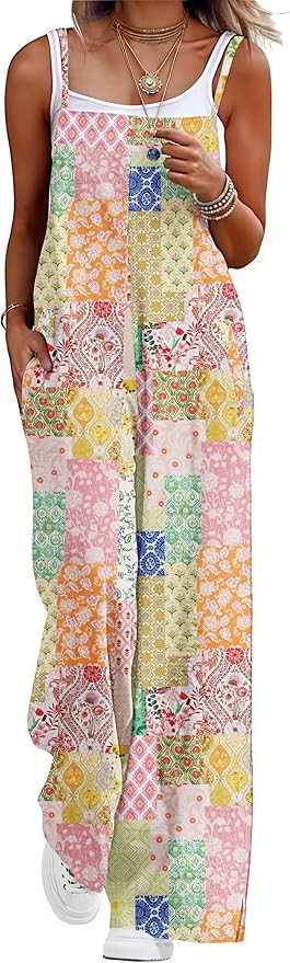 Lepunuo Womens Casual Loose Jumpsuits Summer Boho Wide Leg Rompers Sleeveless Overalls with Pocke... | Amazon (US)