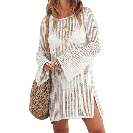 ANRABESS Women's Swimsuit Coverup Summer Long Sleeve Crochet Mini Knit Side Split Swim Bathing Suit Swimwear Beach Dress | Amazon (US)