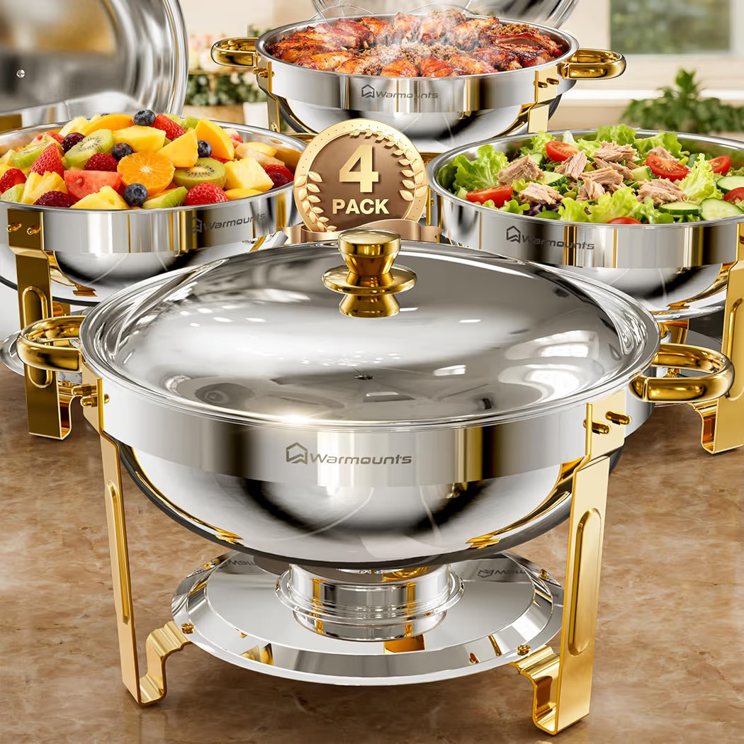 WARMOUNTS Round Chafing Dishes for Buffet (5QT, 4 Pack), Gold Stainless Steel Chafers and Buffet ... | Amazon (US)
