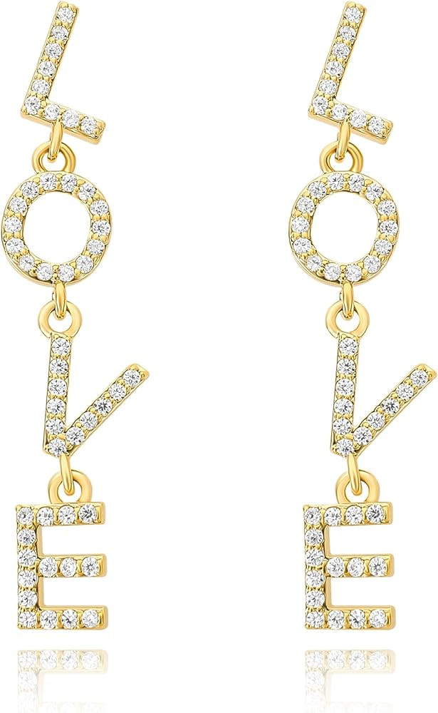 Gold Dangle Letter Earrings for Women 14K Gold Plated Long Alphabet Earrings Drop Cubic Zirconia ... | Amazon (US)