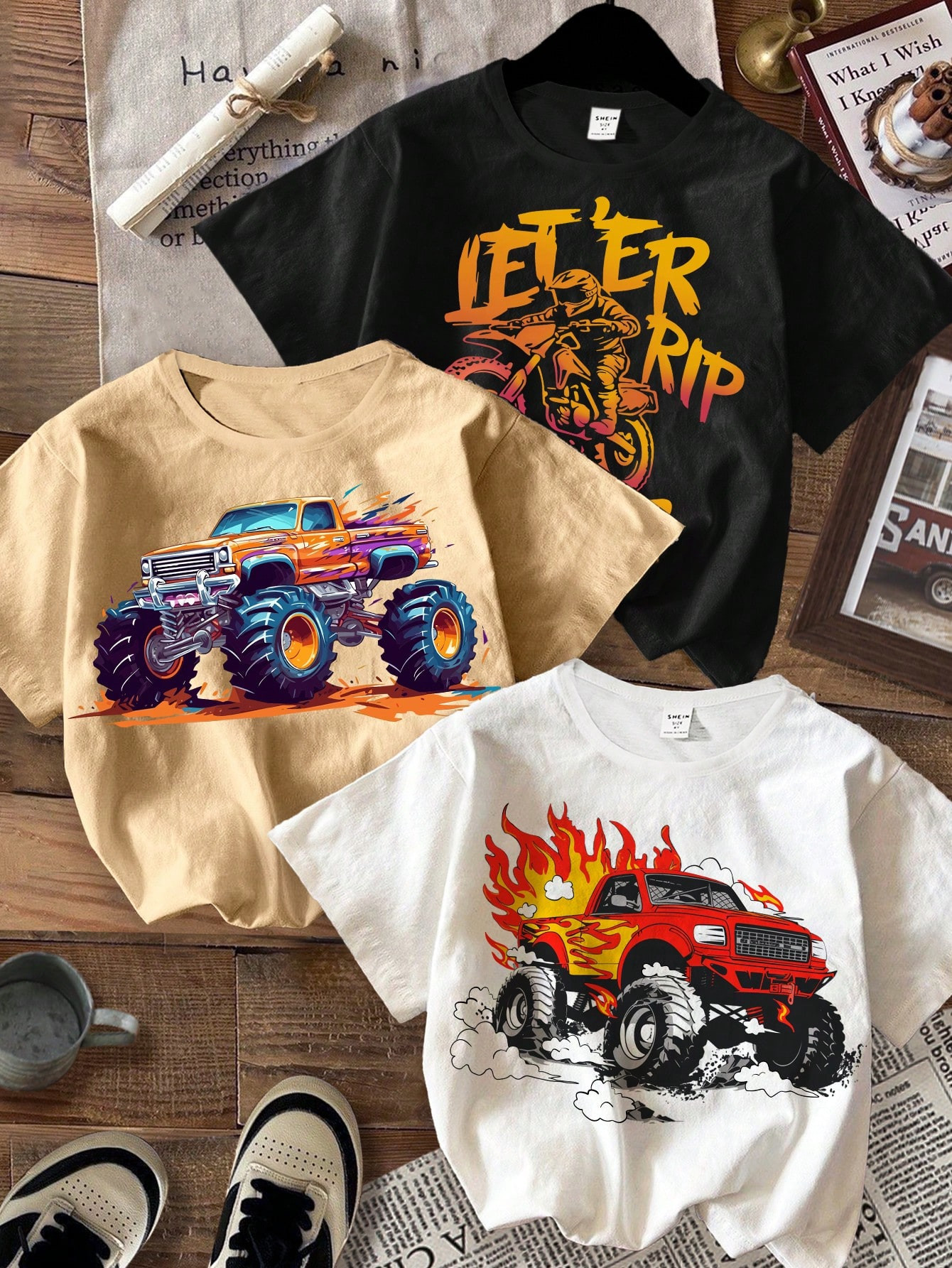 SHEIN Young Boy 3pcs Cartoon Vehicle, Monster Truck, Scooter Graphic Print Crew Neck Short Sleeve... | SHEIN