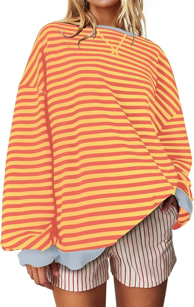 UEU Women Oversized Striped Crewneck Sweatshirt Long Sleeve Color Block Pullover Tops Casual Loos... | Amazon (US)
