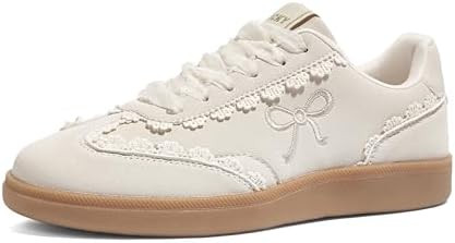 LUCKY STEP Women’s Lace Detail Casual Sneakers Organza Ribbon Lace-Up Fashion Vintage Gum Sole ... | Amazon (US)