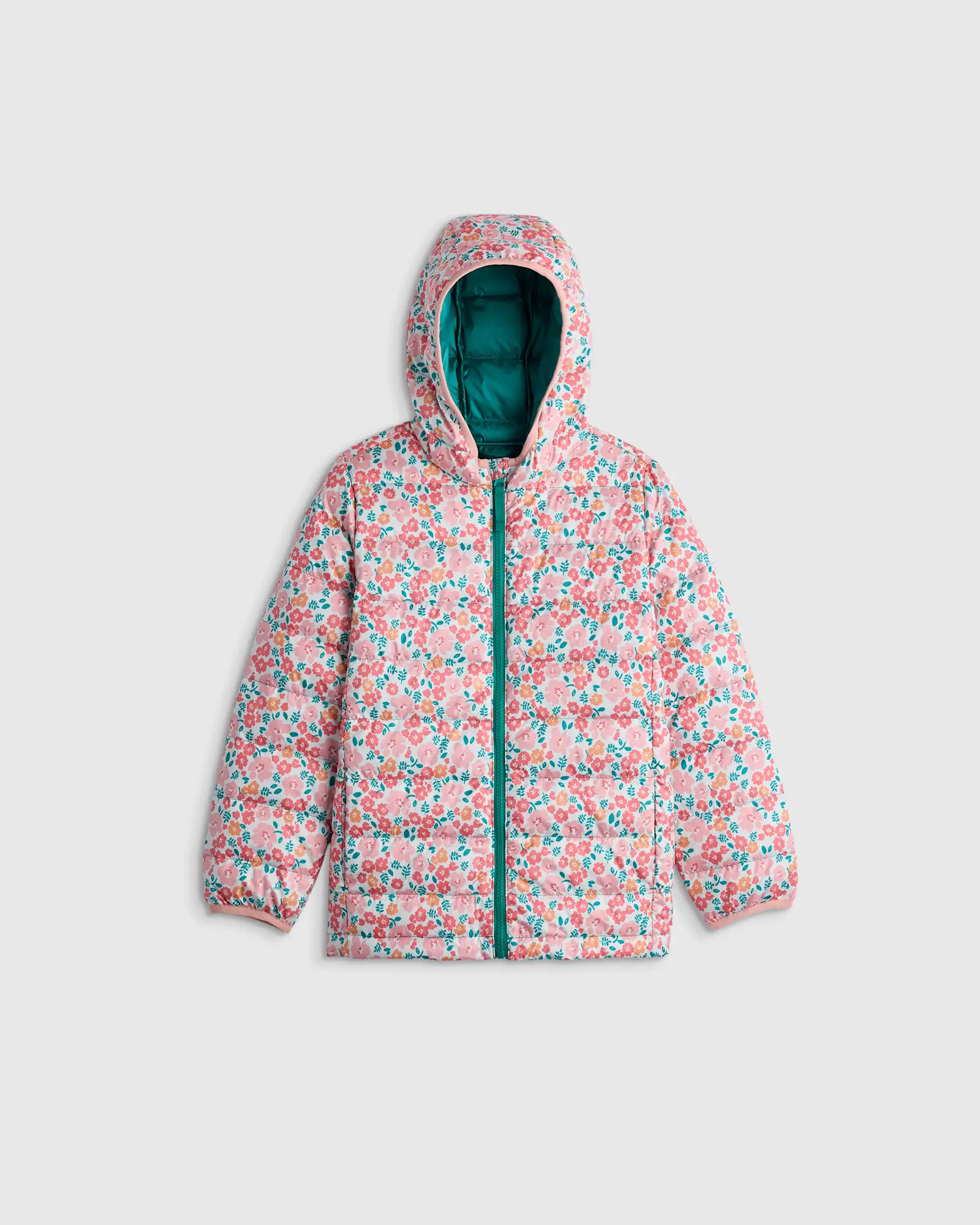 Lightweight Down Hooded Puffer Jacket - Toddler in Pink/Green Floral | Quince