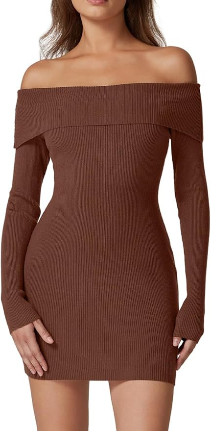 QINSEN Women's Off The Shoulder Ribbed Knit Sweater Dress Folded Neck Long Sleeve Mini Dress 2024... | Amazon (US)