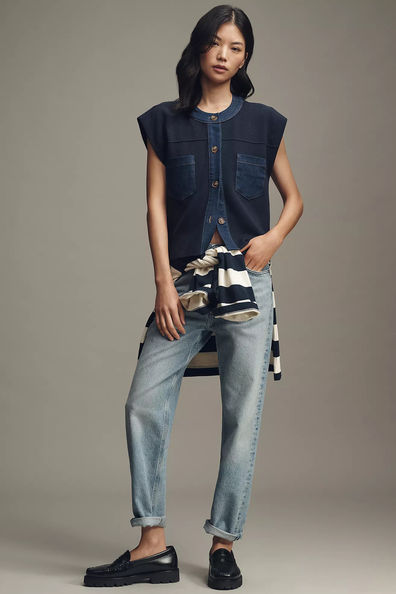 Pilcro Denim Crewneck Cardigan Sweater Vest | Anthropologie (US)