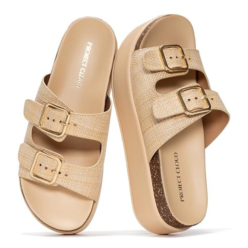 Project Cloud Wedge Platform Sandals For Women - Memory Foam Insole & Cork Footbed Platform Heel Slides for Women Footwear - Beach Essential Womens Sandals (Softy, BEIRAF,7) | Amazon (US)