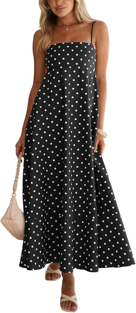 CHOUYATOU Women's 2026 Vintage Polka Dot Maxi Dress Back Smocked Spaghetti Strap Ruffle Hem Swing... | Amazon (US)