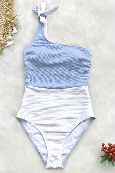 Blue And White One Shoulder One-Piece Swimsuit | Cupshe