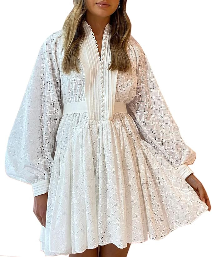 Roiii Women A-Line Lace Loose Baroque Button Down Long Sleeve Casual Dresses V Neck Embroidery Pa... | Amazon (US)