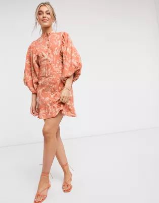 ASOS DESIGN button through high neck cotton mini dress with batwing sleeves and belt in floral pr... | ASOS (Global)