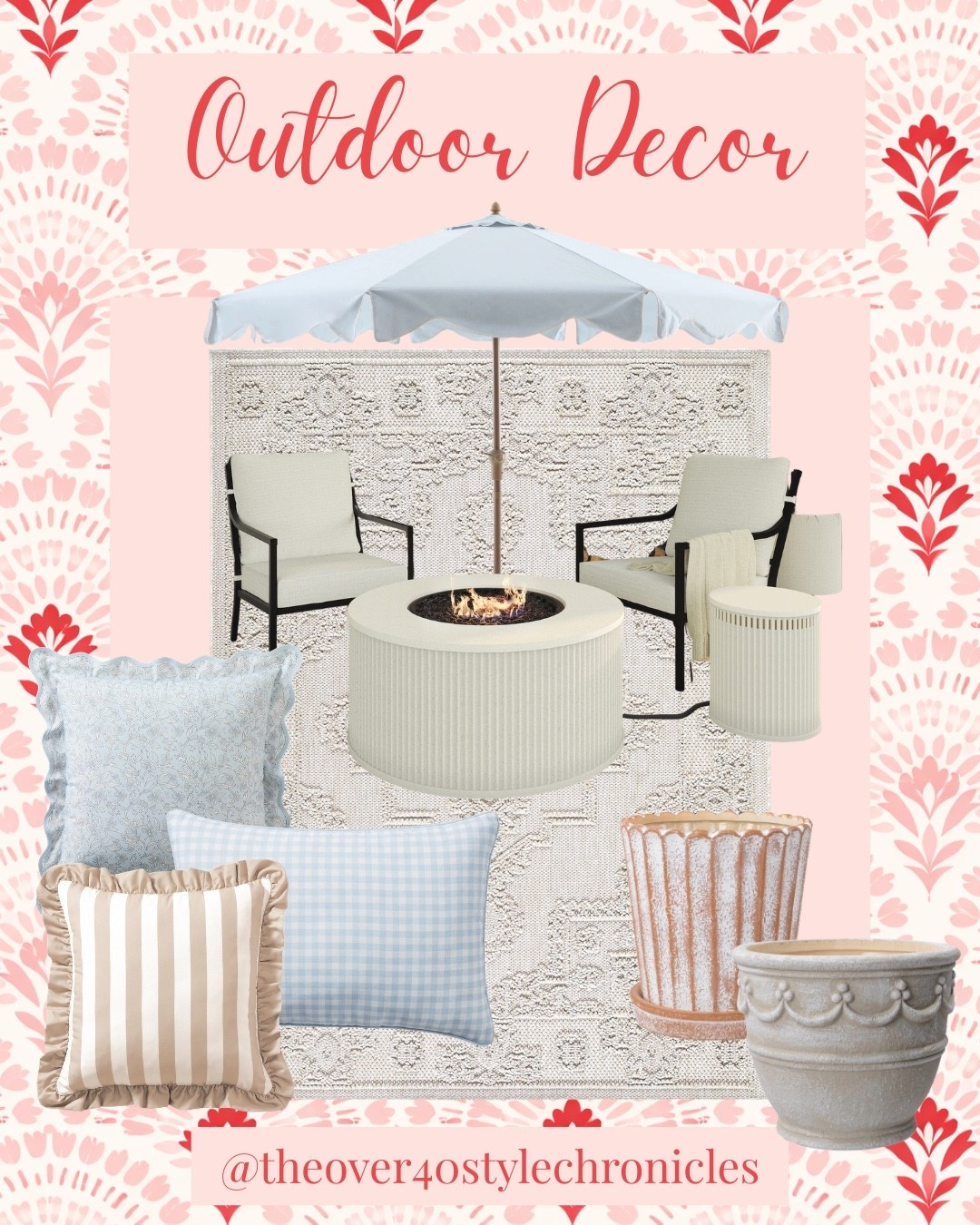 My patio is officially ready for slow mornings and evening hangs ☀️ Everything you see here is from Walmart and it all feels so much more elevated than the price point. The mix of soft neutrals, classic patterns, and those little details like the planters and pillows make it feel collected instead of overdone.

If you’ve been wanting to refresh your outdoor space without spending a fortune, this is such a good place to start.

outdoor decor, patio decor, Walmart outdoor furniture, outdoor seating set, patio chairs, outdoor rug neutral, outdoor throw pillows, striped pillow outdoor, blue gingham pillow, scalloped umbrella, patio umbrella, fire pit table, outdoor side table, patio styling ideas, affordable outdoor decor, backyard patio ideas, classic outdoor style, neutral outdoor decor, grand millennial outdoor, porch styling, backyard refresh, outdoor entertaining space, Walmart home finds

#LTKHome #LTKSeasonal