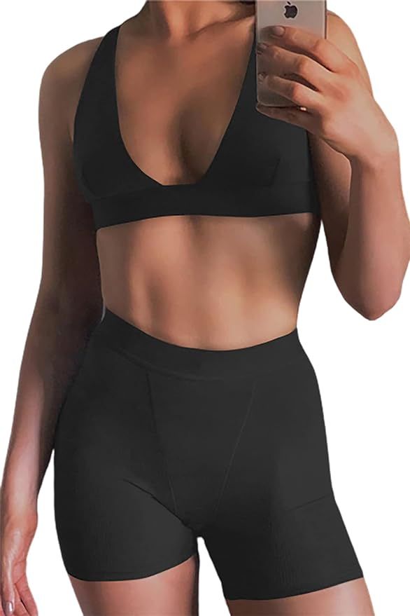 Women 2 Piece Workout Outfit Ribbed Deep V Neck Bra High Waist Bodycon Yoga Short Sets Gym Active... | Amazon (US)