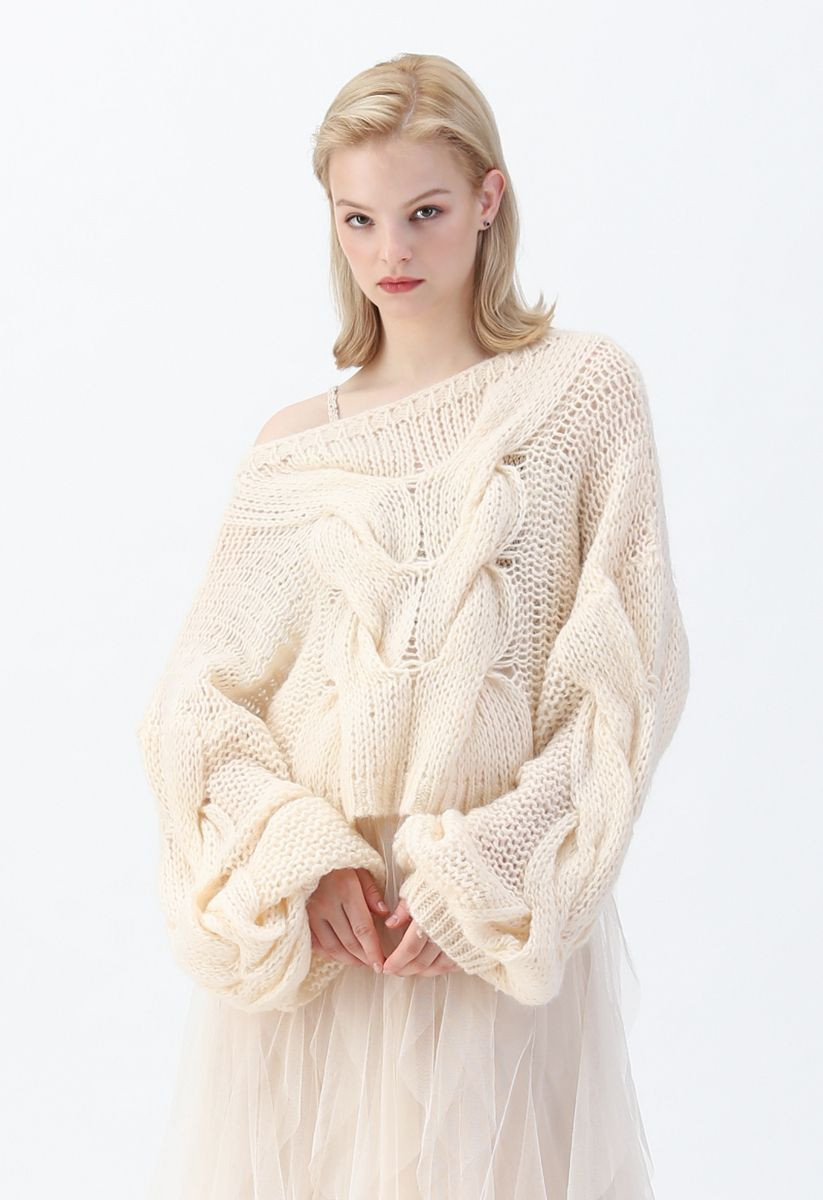 Hand-Knit Puff Sleeves Sweater in Cream | Chicwish