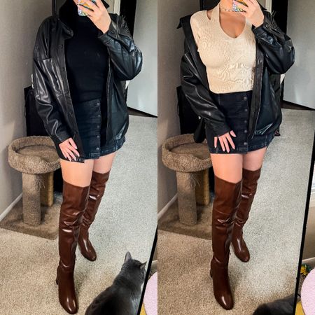 winter fashion alert!
vegan leather is in & you can mix it up!
here are two easy affordable styles #ad
everything found at #walmartfashion 

holiday winter looks:
black turtle neck
black denim skirt
over the knee brown boots
leather shacket 
all @walmartfashion 
#walmartpartner 


#LTKstyletip #LTKshoecrush #LTKunder50
