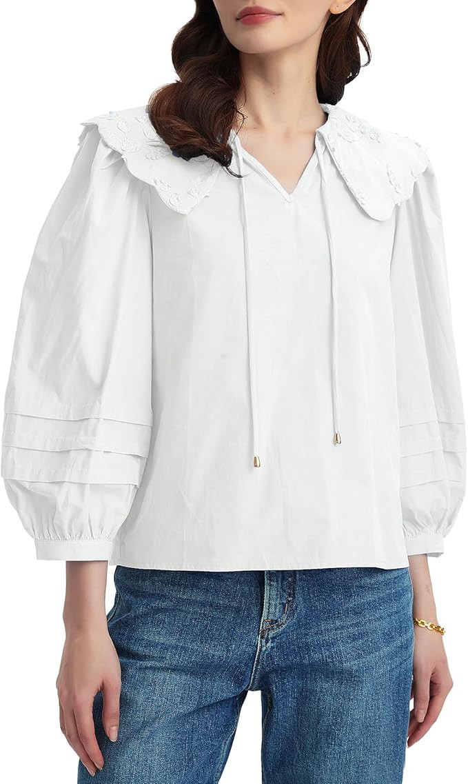 Kedera Women's 3/4 Sleeve V Neck Blouses with Embroidered Collar Dressy Summer Tops Casual Loose ... | Amazon (US)