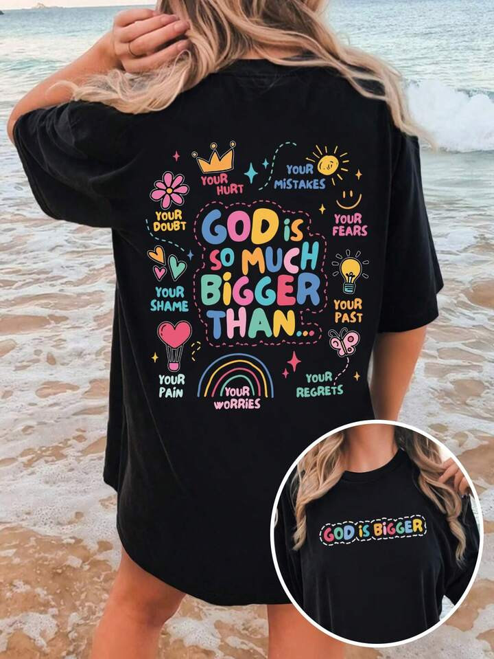 SHEIN LUNE Women Summer Heart Print Round Neck Short Sleeve Casual T-Shirt GOD IS SO MUCH BIGGER ... | SHEIN